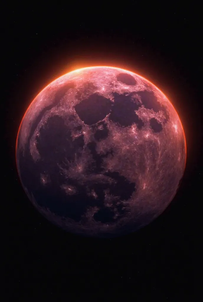 "A surreal and artistic depiction of the Moon in space. The Moon is illuminated with a warm, glowing light, featuring swirling, abstract patterns in shades of deep purple, orange, and red. The shadowed areas have a subtle glow, emphasizing its texture. The...