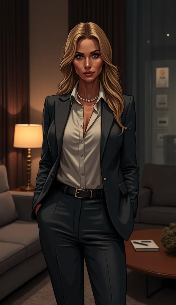 Comic Style: Beautiful lines，Vivid colors，The details of the characters are clear。 background：Luxurious modern interior living room,Sofa in living room、Coffee table characters:A Businesswoman in her fifties , long blond hair,Wearing a grey fancy suit , whi...