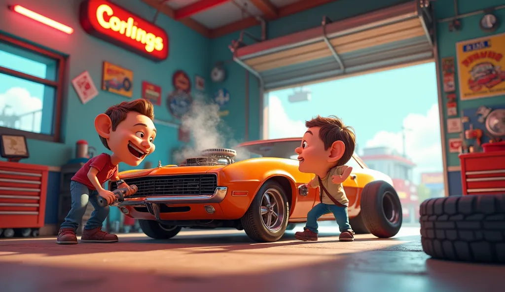 "A vibrant, cartoonish 3D cinematic view of a lively car garage. In the background, a colorful, slightly exaggerated car is being repaired, with visible steam rising from the hood and a loose tire wobbling. Two mechanics, each with distinct cartoonish feat...