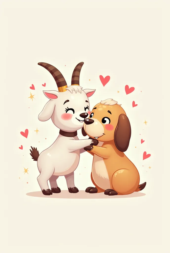 The photo features a goat and a dog kissing cute cartoon style chibi