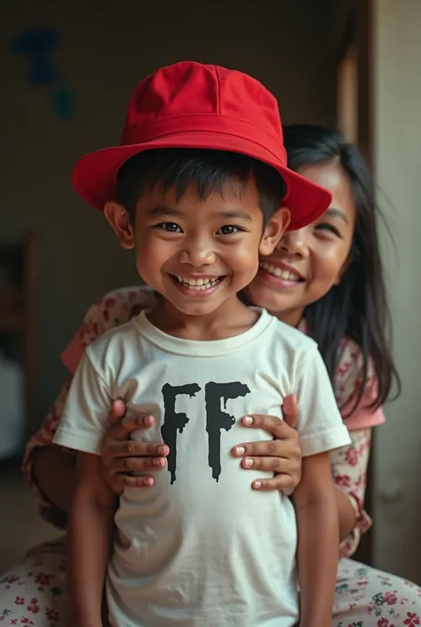 Caricature style A recalcitrant or evil indonesian boy . Wearing a white t-shirt with a name "FF", wearing a red hat.is massaging his mother . Size 9 :16 Real ultrarealistic photo