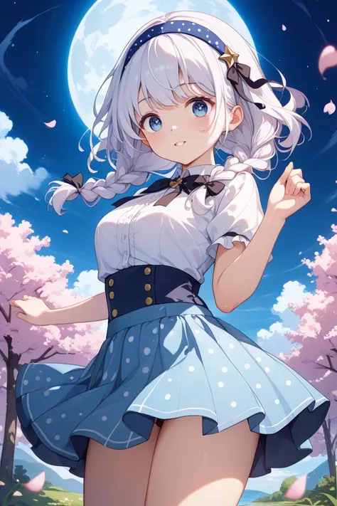  white hair、 blue eyes、ren、 girls on the left、is young、 lori、About 、ribbon headband、blue polka dot headband、short、hair length enough to hang on the shoulder、straight hair、small braids on the side、 jumper skirt、 white clothes、青い jumper skirt、 black ribbon、 ...