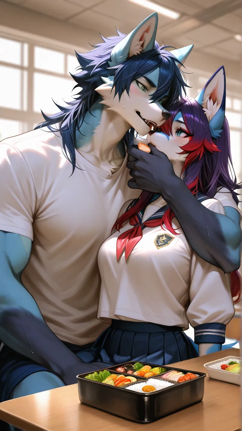 Cafeteria, cafeteria table, male and one female furry, male furry feeding female furry, male blue eyes、hair, male short dark blue hair, male furry with muscular body, dark blue black furry male, bento on table, female furry has green eyes, purple hair with...