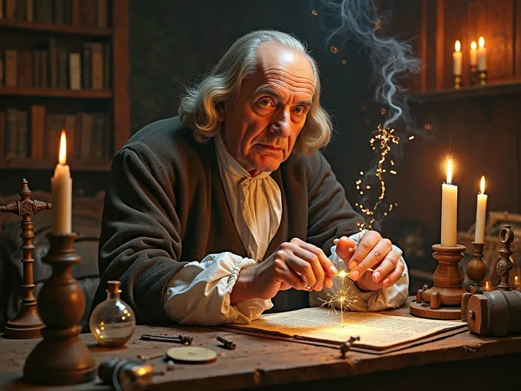 "Benjamin Franklin as inventor" "A representation of Benjamin Franklin in his workshop, surrounded by inventions such as the lightning rod, bifocal lenses and an experiment with electricity. Franklin is observing an electric spark in an experiment with his...