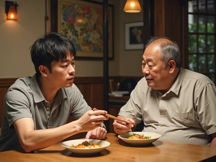 A slim Japanese man in his 20s is sitting at a table, eating a meal with chopsticks. He has a fit and healthy physique, short black hair, and wears a casual shirt. His posture is relaxed as he enjoys his food. To his side, a middle-aged Japanese man in his...