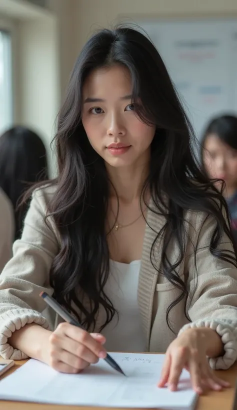 Female instructor, long black hair, Korea, casual academy instructor clothes, professional currer grading, standing front, upper body, 8k, f24, 35mm, realistic vibe, nsfw, 2.5d, handsomely pretty