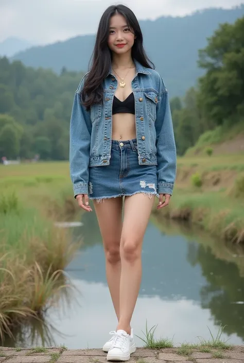 CREATE A FULL-BODY MUSE FROM HEAD TO TOE. STAND BY A STREAM WITH MOUNTAINS AND STEPPED MEADOWS AS A BACKDROP.

Mew is an 18 year old Thai girl with rather white skin, long black hair, cute fashion, black eyes, chest about 49 inches, waist about 30 inches, ...