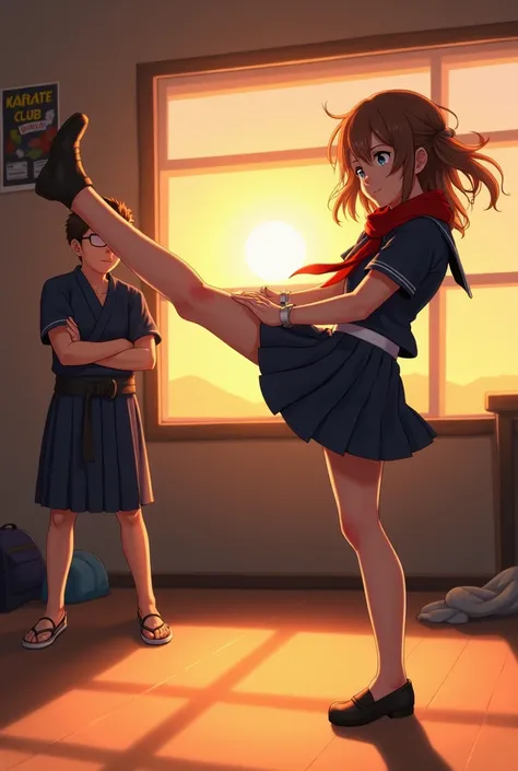 Scene: "The moment Ayaka gives Takumi a kick in the nuts in the clubroom.  
 Setting: A clubroom in a junior high school. The evening sun is shining through the window, and the room is warmly lit by an orange glow. On the wall hangs a karate club poster an...