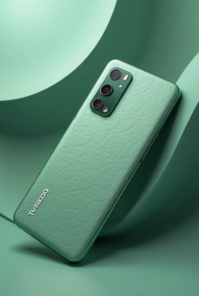 A premium smartphone with a sleek, modern design in a soft green leather-textured finish. The phone is positioned at an artistic angle, highlighting its triple-camera setup with a large primary lens and two smaller lenses. The brand name is subtly engraved...