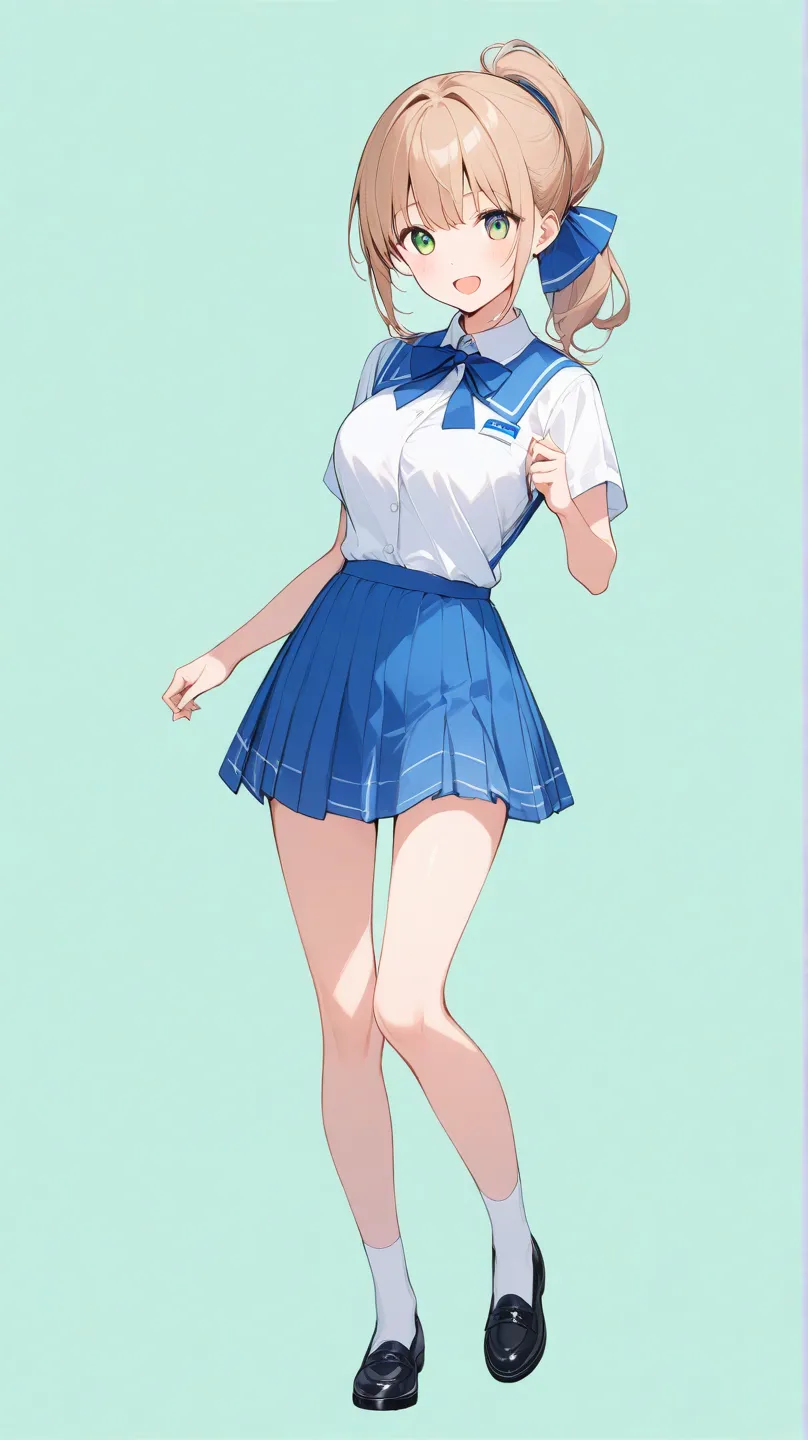 Light color、 line art ,High Resolution、 in detail、Lower ponytail、one girl,cute,:d,stylish,Colorful and cute background、 female college student、 lower breasts visible 、revealing clothes、a combination of FamilyMart and Lawson uniforms、((full body))、high qual...