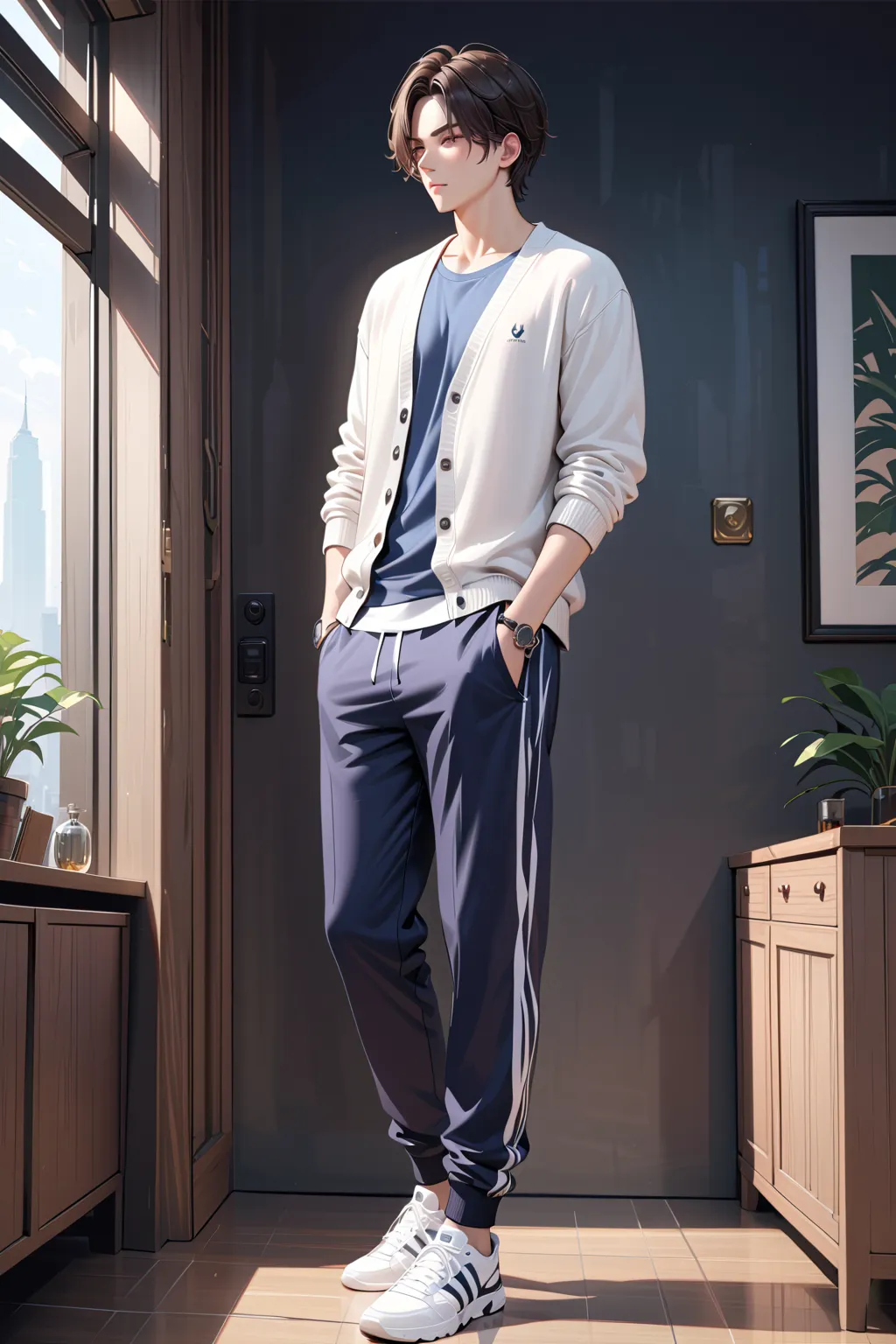 (masterpiece, best quality:1.5), (ultra detailed, high resolution, 8k, beautiful detailed, UHD, best anatomy), Dark brown Natural hair, 1 boy, Relax Casual Style, Light blue shirt, White cardigan, Black sweatpants, White sneakers, full body shot, accessory