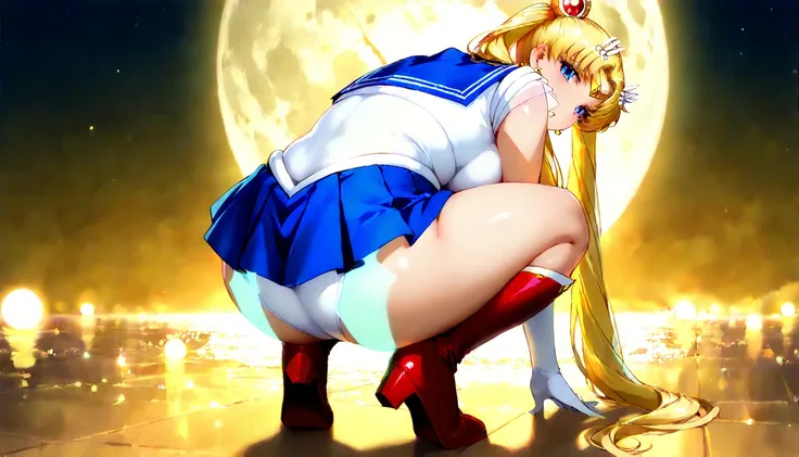 sailor moon , long blond hair , piercing blue eyes, squatting, back view, perreo, full body, blue miniskirt, Red boots, , , voluptuous body,  on the Moon