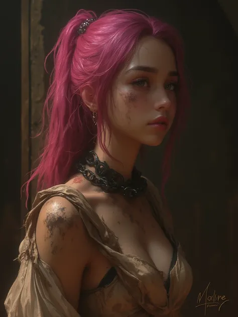 full shot of a slave girl, pink ponytail long hair, worn out medieval clothes, collar with chain on her neck, dirty face and body, medieval room background, 8k, Masterpiece, dramatic lighting