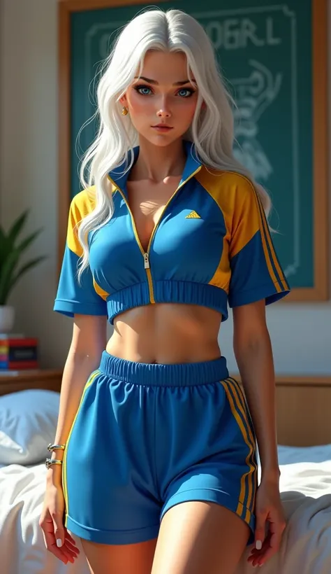 (best quality,4k,8k,highres,masterpiece:1.2),ultra-detailed, 1girl, Greek goddess Artemis as a college student, White hair, Mediterranean features and skin tone, Athletic build, wide feminine hips, wearing blue track top with gold sleeves and blue thigh le...