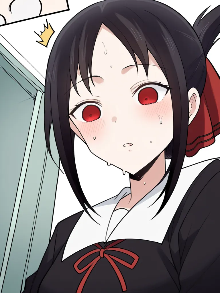  score_9,  score_8_up,  score_7_up,  source_anime,
Kaguya-shinomiya, Kaguya-sama wants to tell,  short hair, bangs,   black hair, red eyes,  hair ribbon, side lock, folded ponytail, parted bangs, A little sweat, blush, surprised、parted lips,
 Long Sleeve, ...