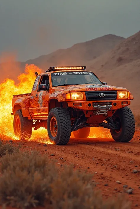 Toyota Rally truck is built like a speedy fireball. The body is jet orange, with flames engraved in orange and red along the sides. The wheels appear to be engulfed in flames, and leave a trail of sparks wherever you drive,  Daniel turned red . with two wh...