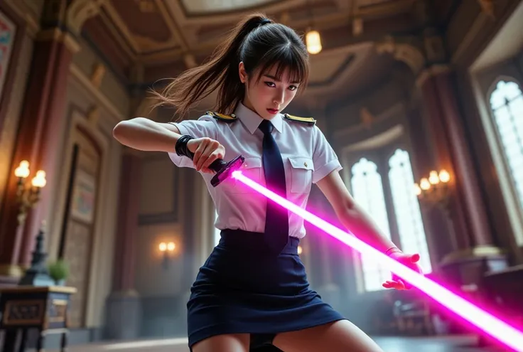 Sexy beautiful Japanese woman, a self defense officer uniform, wearing a white short-sleeved shirts, navy blue tie, navy blue pencil skirt, Black patent high heels, beautiful hip-line, Beautiful thighs, a woman in the catsle, Fights, Laser blade glowing pi...