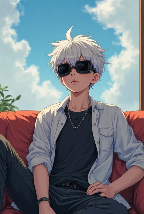 A boy sitting on sofa his position is relaxed and carefree he is looking at sky his age is 16 his hair are white colour wearing black goggles black t-shirt and white shirt and black pant and one small chain 