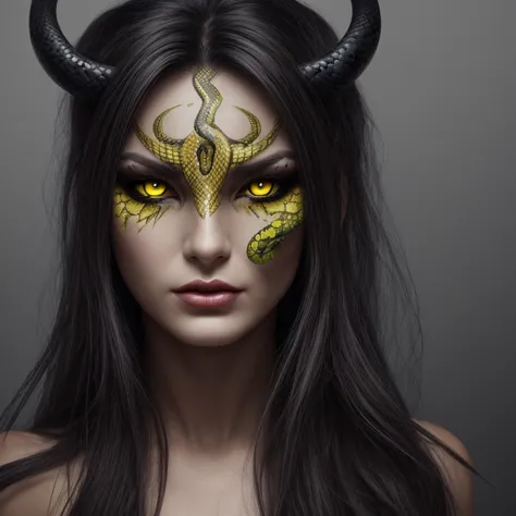 Evil demoness with a head of snake, snakes in her hair, yellow eyes
