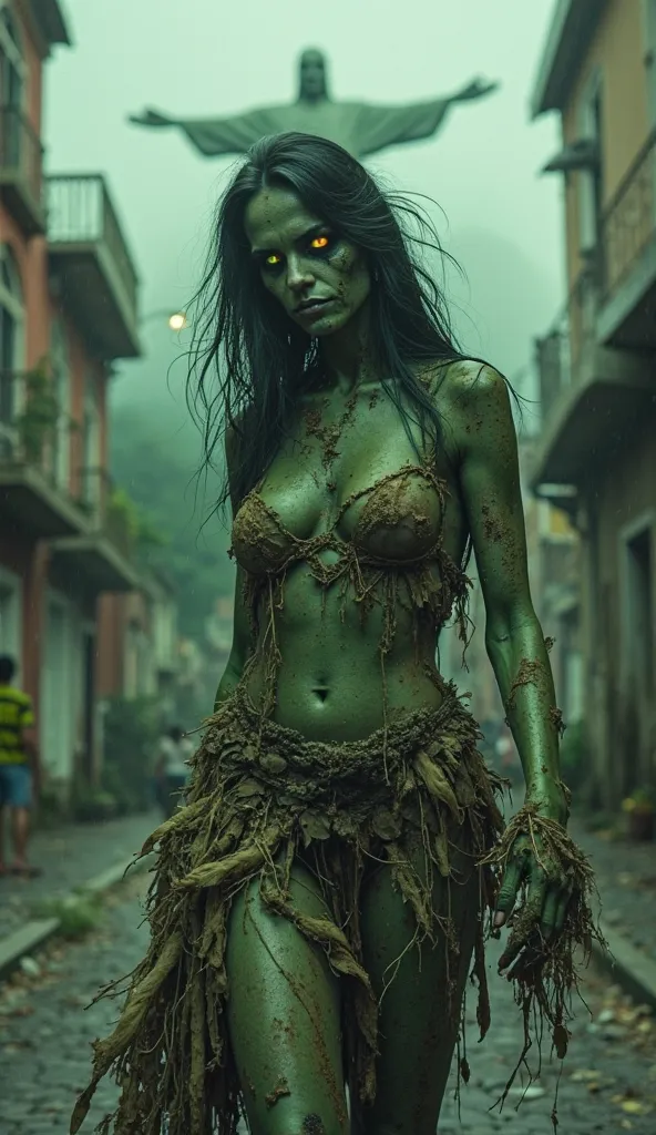 1. Zumbi Brazileira (Brazil)
"A Brazilian woman transformed into a zombie, with greenish skin and traces of rot. She wears a torn and blood-covered carnival dress, fallen feathers from an old costume. Her eyes shine in a ghostly tone as she walks through t...