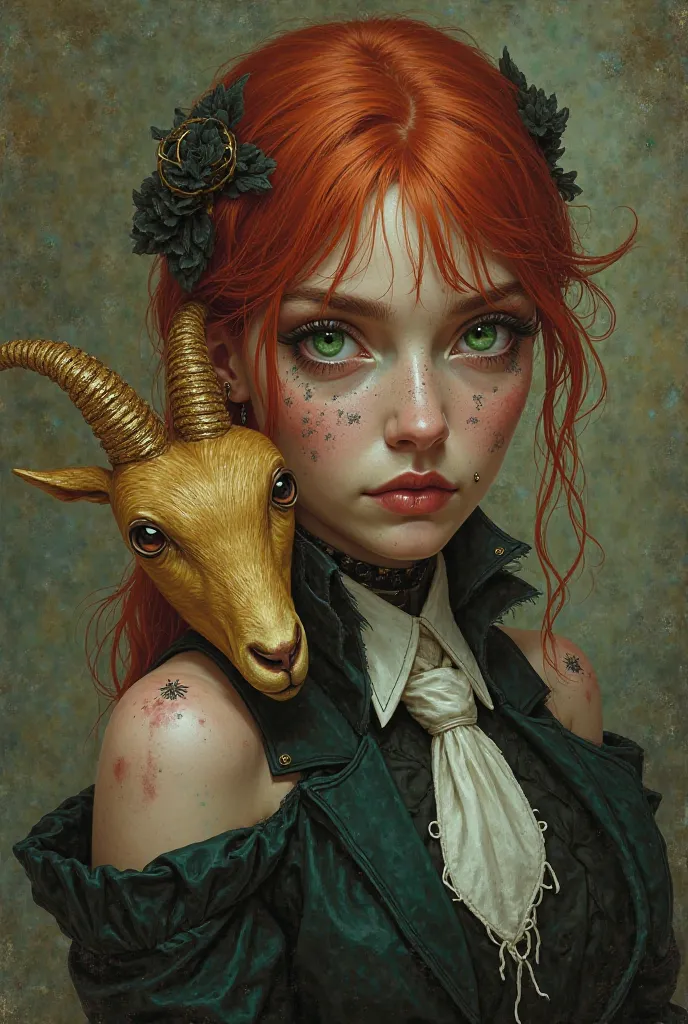 Green eyed redhead woman with piercing under her left eye and tattoos accompanied by a golden goat wearing a suit and tie 