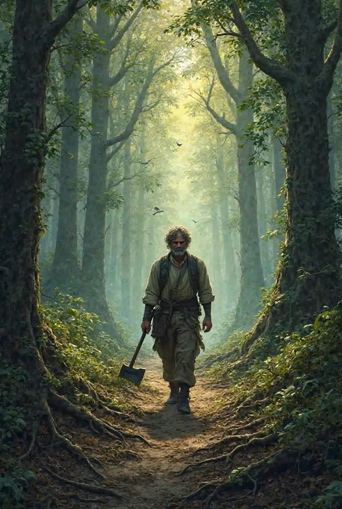 A poor woodcutter in an old, torn outfit walking into a dense forest with an axe on his shoulder.

