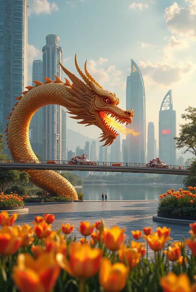 Create an image with FHD resolution and an aspect ratio of 9:16.

 Scene description :

center of frame: The support of the bridge over the river, are moving, made in the form of an arched semicircle, resembling the body of a dragon with large golden scale...