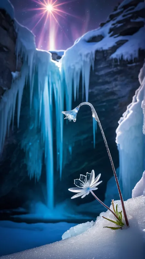 Ice Land、One ice flower is blooming from a rift in the ice、An ice butterfly flying around a flower、 Snowflakes、 auroras、Spotlight、glitter effect to mask,  lens flare, background blur, 