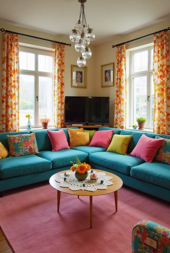 A vibrant and cozy living room from 2010, where modern design meets homely warmth. The walls are adorned in a soft, soothing pastel color that serves as the perfect backdrop for the bold and vibrant furniture pieces. At the center of the room, an L-shaped ...