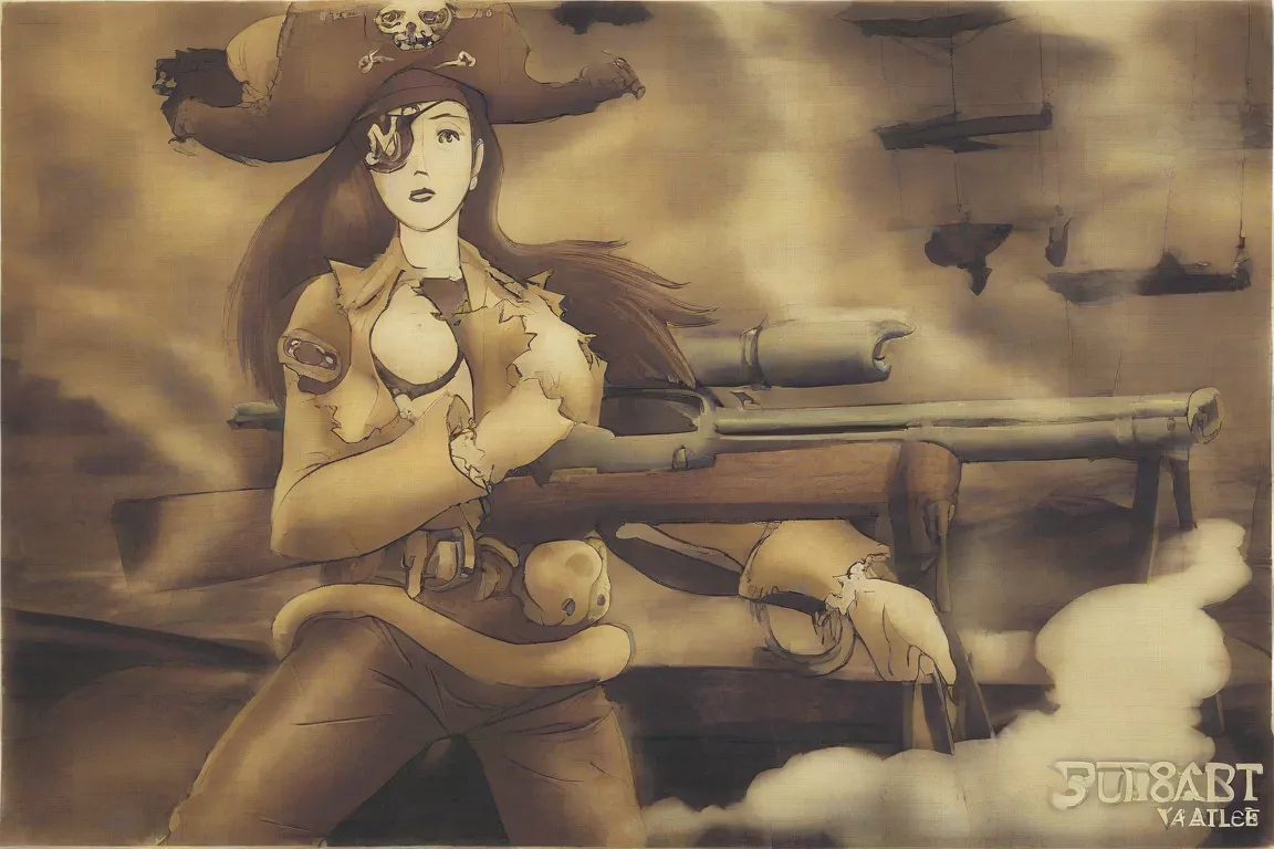 (studio ghibli) Jessica Rabbit (air ship pirate, sexy pirate outfit Valley of the wind motif, patch over one eye, steam powered rifle, confident, sultry), airship has Valley of the wind aesthetics, she is questioning her captive Nausicaa