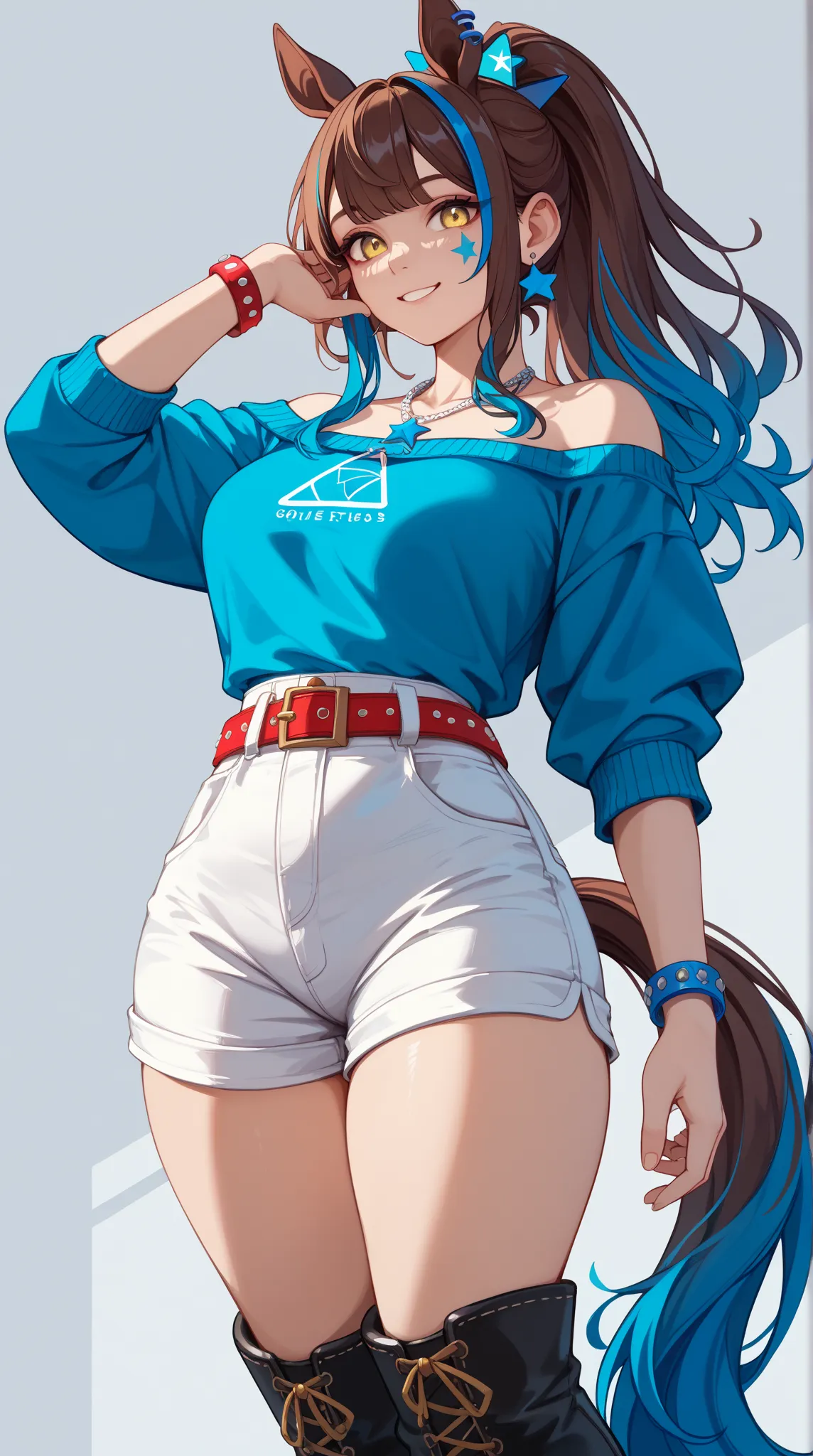 1 girl、Red dark brown hair、((blue streaked hair)), (blue highlights hair)、 star-shaped hairpin with bangs split to the right、 gal、 horse ears、((blue off-the-shoulder shirt))、(( White Hot Pants))、((white shorts))、square necklace、Fluorescent light blue ribbo...