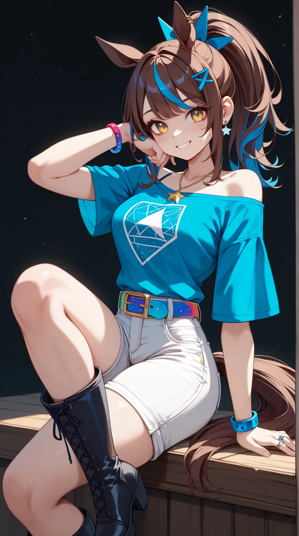 1 girl、Red dark brown hair、((blue streaked hair)), (blue highlights hair)、 star-shaped hairpin with bangs split to the right、 gal、 horse ears、((blue off-the-shoulder shirt))、(( White Hot Pants))、((white shorts))、square necklace、Fluorescent light blue ribbo...