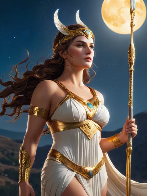 Artemis, Goddess of the Moon and the Hunt, GREEK WARRIORS,  has short hair ,  Pretty Face,  beautiful golden eyes , sexy,  beautiful body ,  has big breasts ,