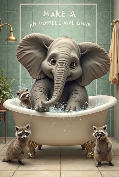 An elephant in a bathtub playing with two raccoons great resolution