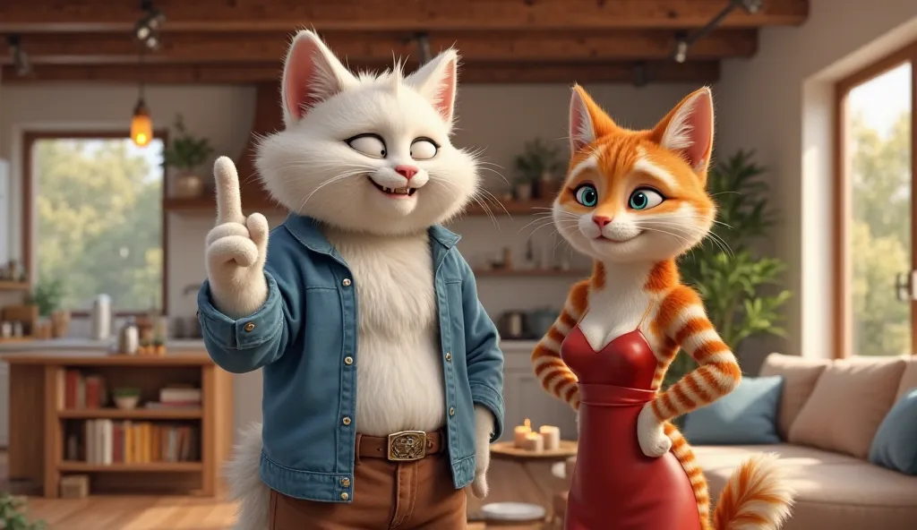 A highly detailed and realistic anthropomorphic cat couple standing in a modern, cozy living room with warm lighting. The male cat has fluffy white fur and is wearing a stylish open blue shirt over a white t-shirt with brown pants and a belt. He is smiling...