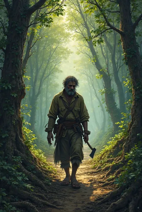 A poor woodcutter in an old, torn outfit walking into a dense forest with an axe on his shoulder.

