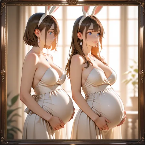 Pregnant bunny woman, realistic, tight white formal dress, brown hair, bunny ears, necklace, earrings (beautiful detailed blue eyes), full body shot