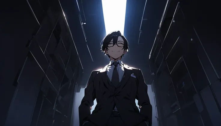 Man with eyes closed、smile、 Wears Glasses、I'm wearing a suit、 has split black hair、Angle from below、in a dark room、 backlit