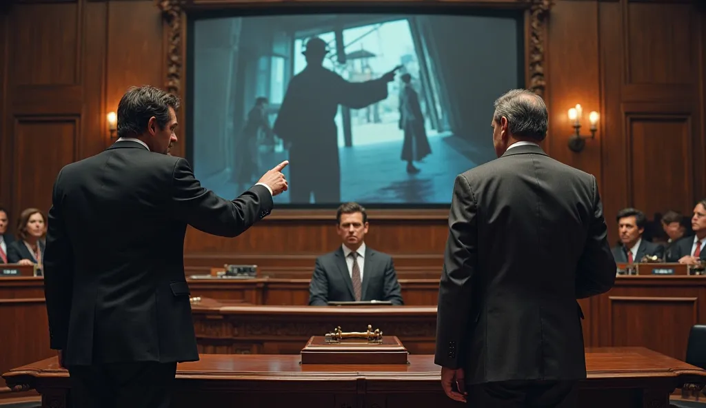 In the courtroom, a large screen displays damning video evidence of Vincent Russo’s criminal activities. Jack Thompson stands confidently, pointing at the screen, while Russo’s face darkens with anger. The judge and jury look on, intrigued. Titan sits calm...