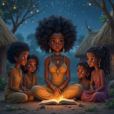 Une belle maman africaine aux tresses afros raconte des contes à plusieurs enfants, assise au milieu des cases sous les étoiles 