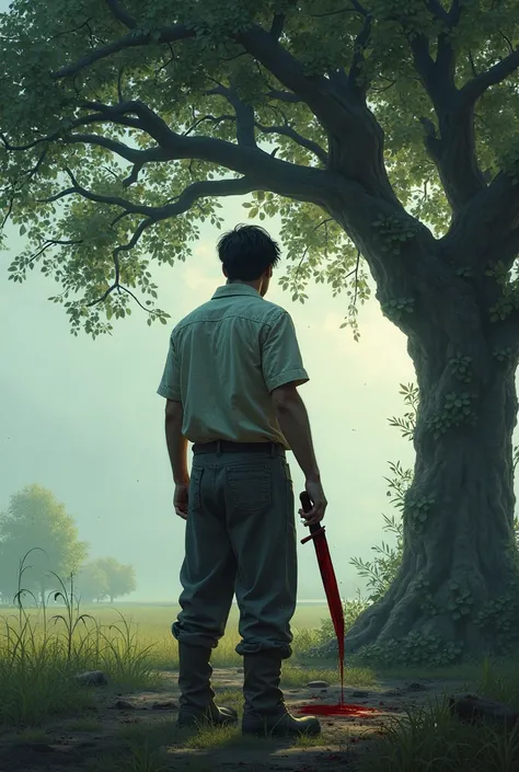 A  simple man stands with his back turned under a large tree, holding a bloody knife in his hand.