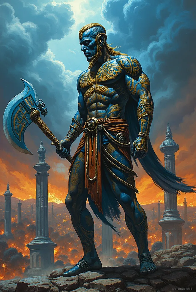 The God of Bloody Wrath (Pain + Kotal Kahn +  Apocalypse)

 Image Description :
A warrior deity covered by tribal tattoos that shine with divine blue and gold energy. His skin has been hardened by centuries of battles, rays and his Rinnegan shines like twi...