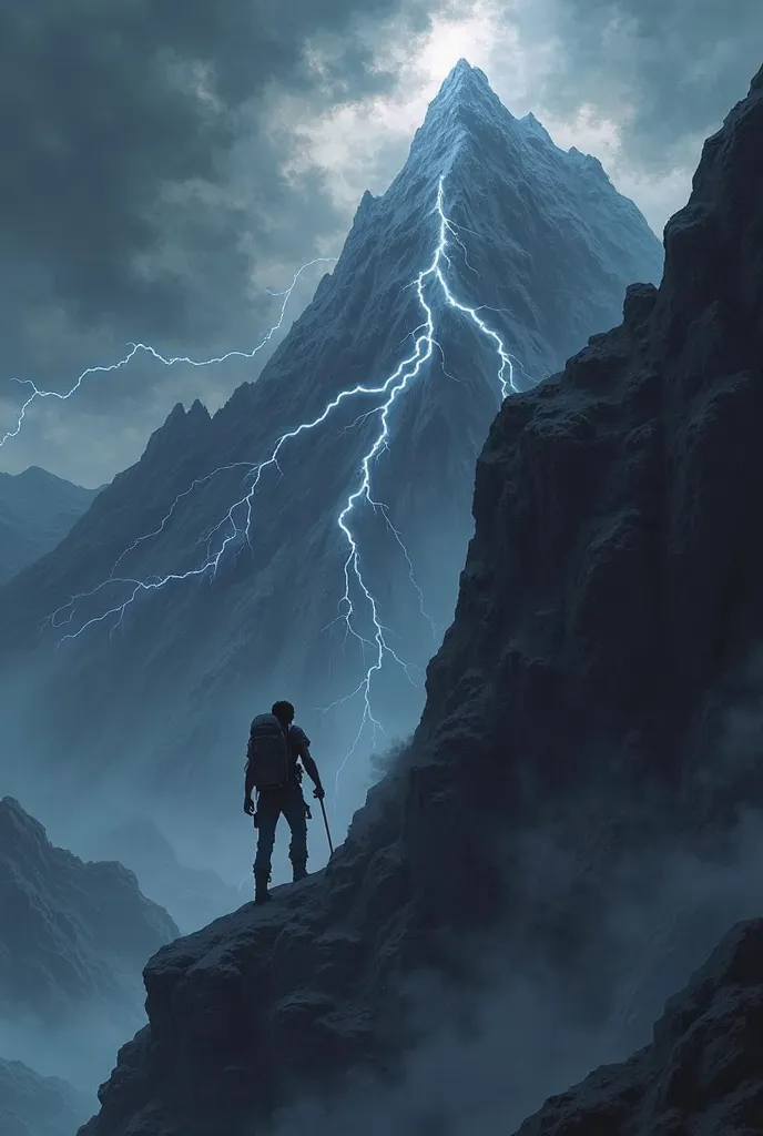 A male human silhouette climbs the mountain thunder completely alone and without mountain equipment, the climate is dark because of black clouds from which electrical rays fall.. anime style 