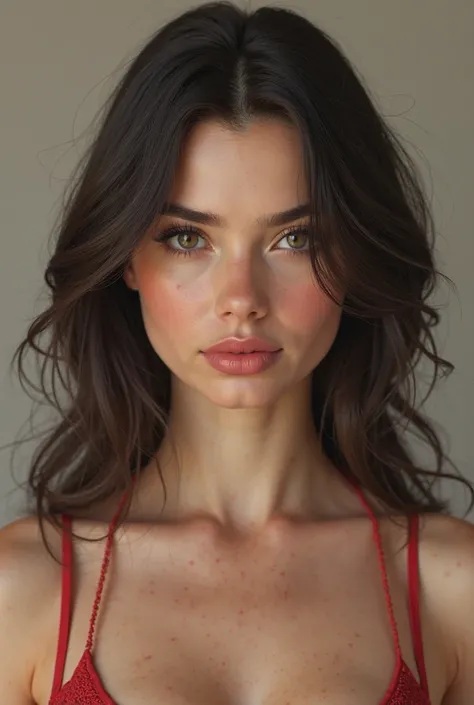 Create a full-bodied hyperrealistic woman with the following characteristics:  Face shape : Slightly oval face with soft and defined features.
hair: hair castaño oscuro, long and with a slight undulation, that falls loosely around the face. 
eyebrows: eyeb...