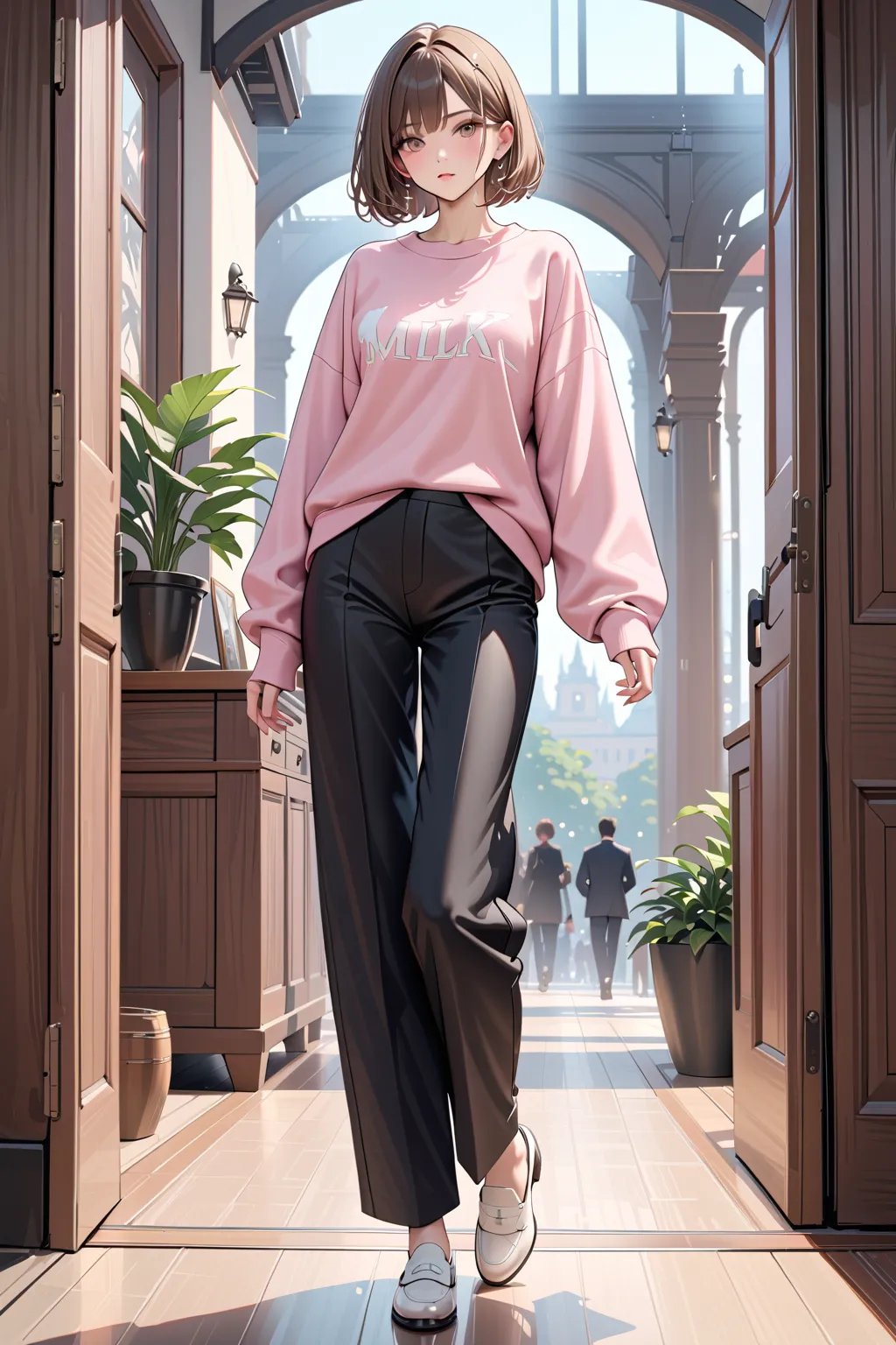 (masterpiece, best quality:1.5), (ultra detailed, high resolution, 8k, beautiful detailed, UHD, best anatomy), Milk tea brown Natural bob hair, 1 boy, Feminine Mix Style, Pink sweatshirt, Black wide-leg pants, White loafers, full body shot, accessory