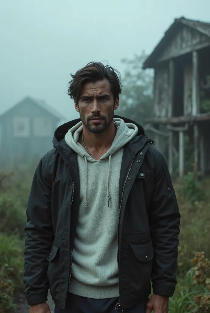  30 years male Polynesian with muscular body wearing black hiking jacket over white sweater  , misty abandoned village background , dark , close up