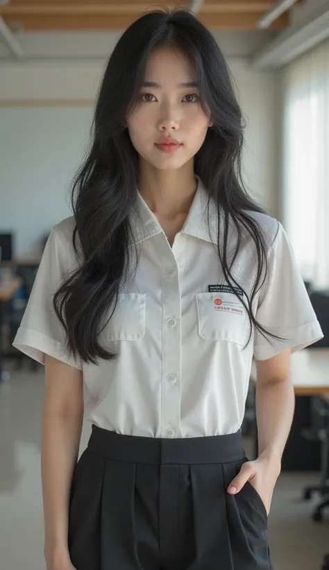 Female instructor, long black hair, Korea, casual academy instructor clothes, professional currer grading, 8k, f24, 35mm, realistic vibe, nsfw, 2.5d, handsomely pretty, white face, high nose, big eyes, standing upper body