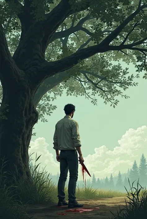 A  simple man stands with his back turned under a large tree, holding a bloody knife in his hand.