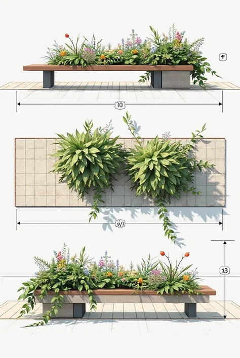 Diagram 1 : Diagram of the bench with planters

(This diagram shows a 3 m bench with a central strip of 1 m dedicated to planters and flower pots, separated from the rest of the permeable pavement.)