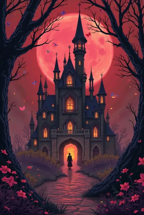 Make me a profile for my descendants discord server called "Secrets of Wonderland". I want the color schemes dark red, red, pink, and gold. I want the "Secrets of Wonderland in a gold font and i want the wonderland castle from descendants: the rise of red....